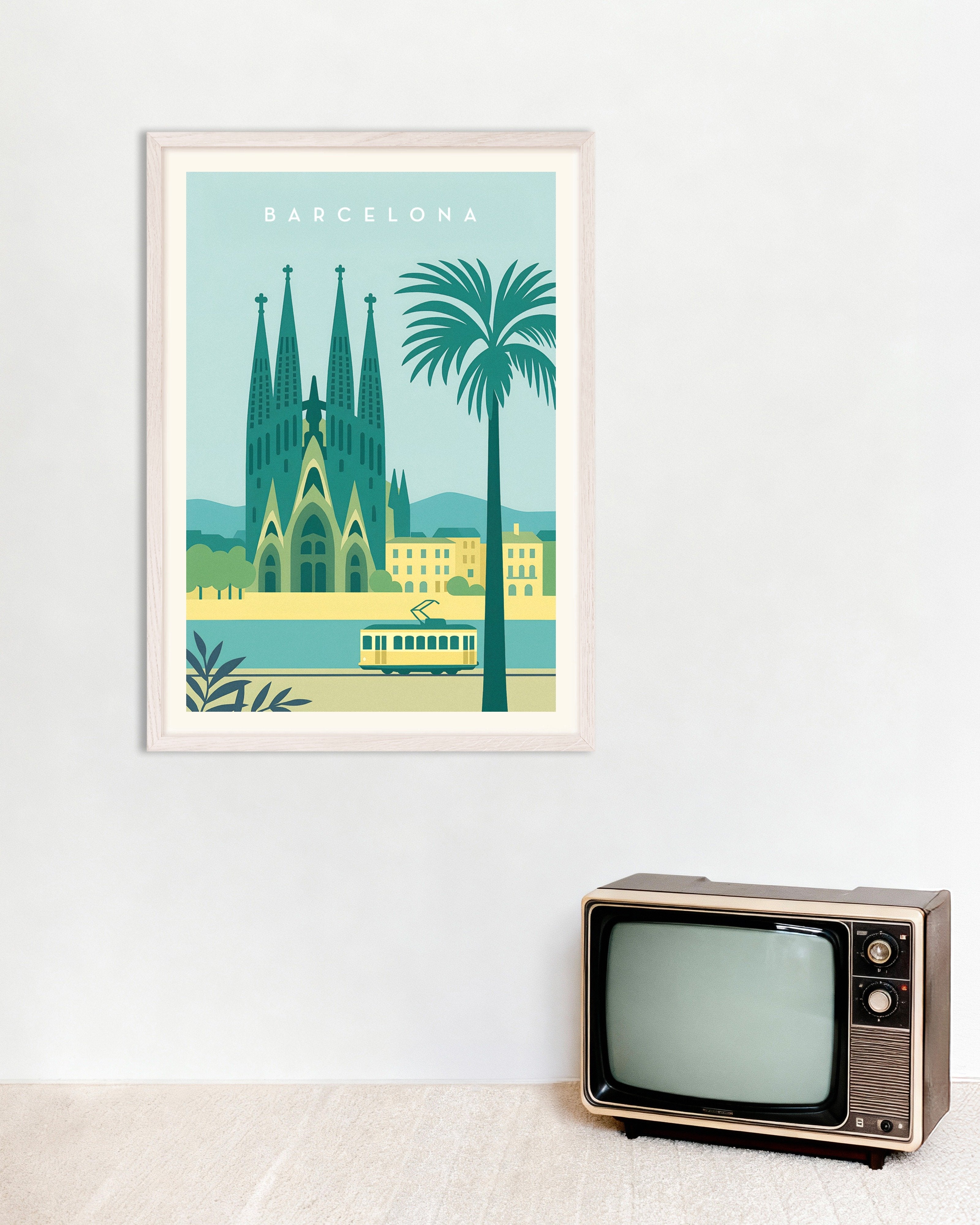 Poster of Barcelona Sagrada Família Wall Art Print, with white wooden frame