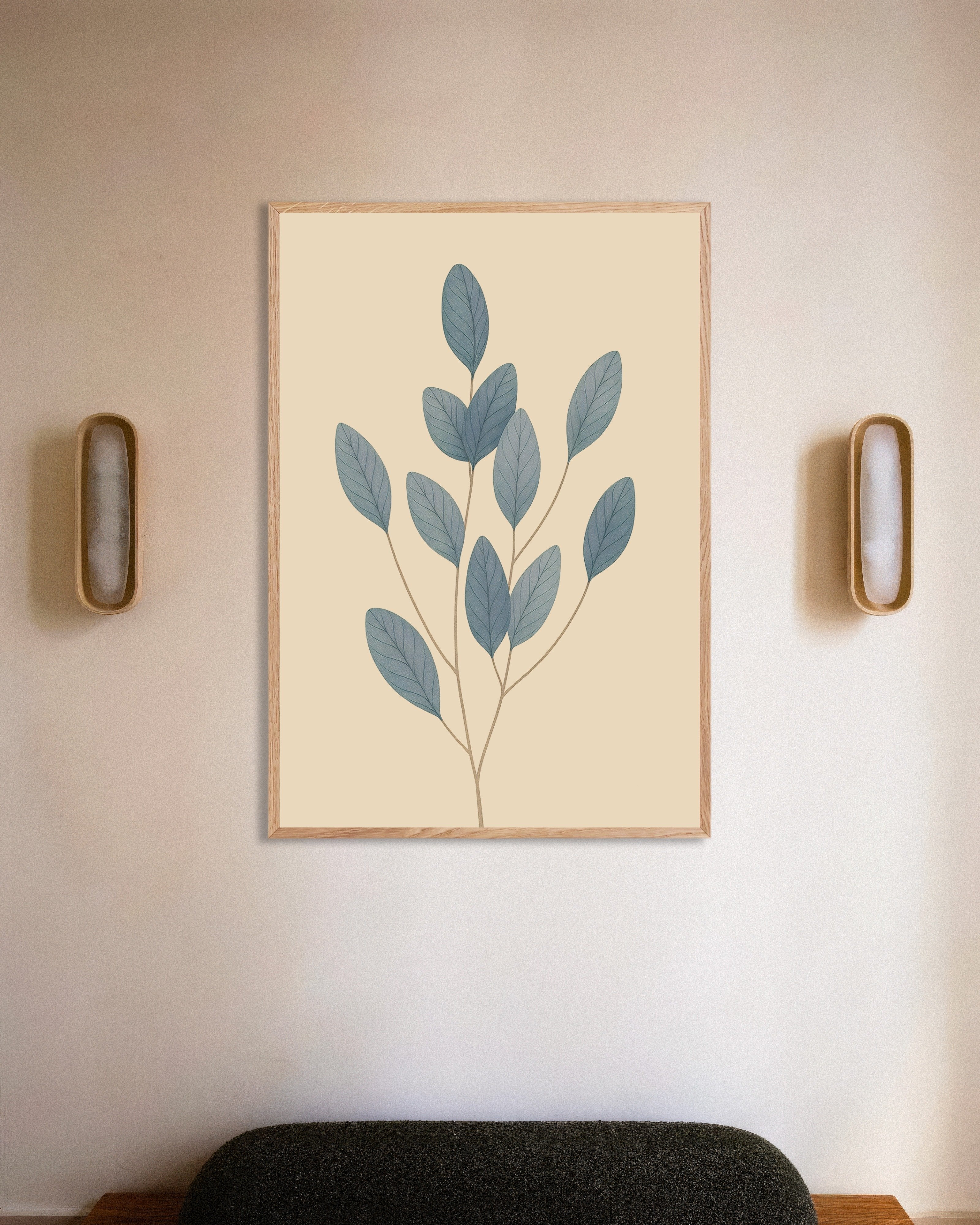 Poster of Blue Leaves Poster – Minimal Botanical Art, with natural wooden frame