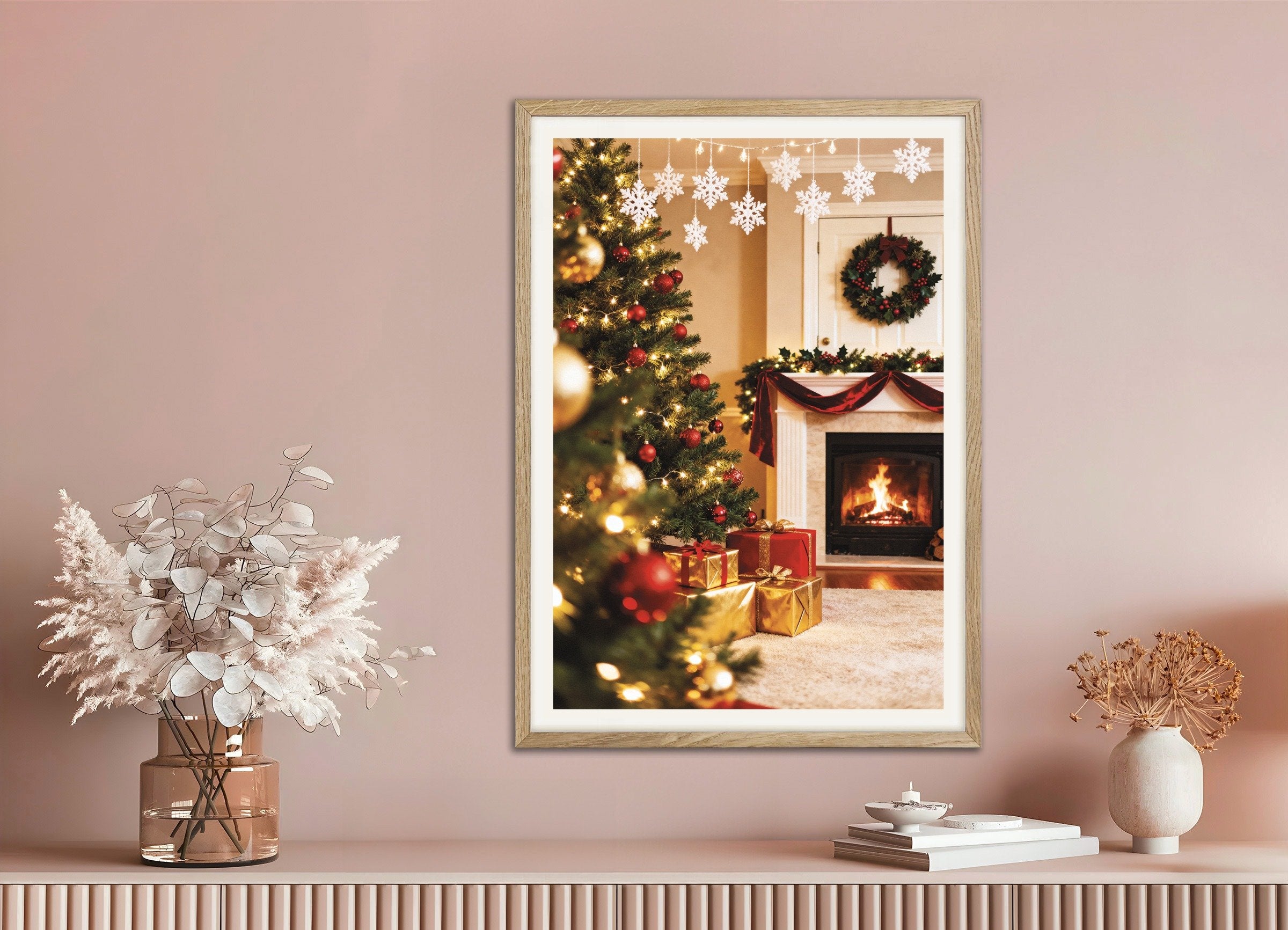 Poster of Christmas living room with fireplace poster, with natural wooden frame