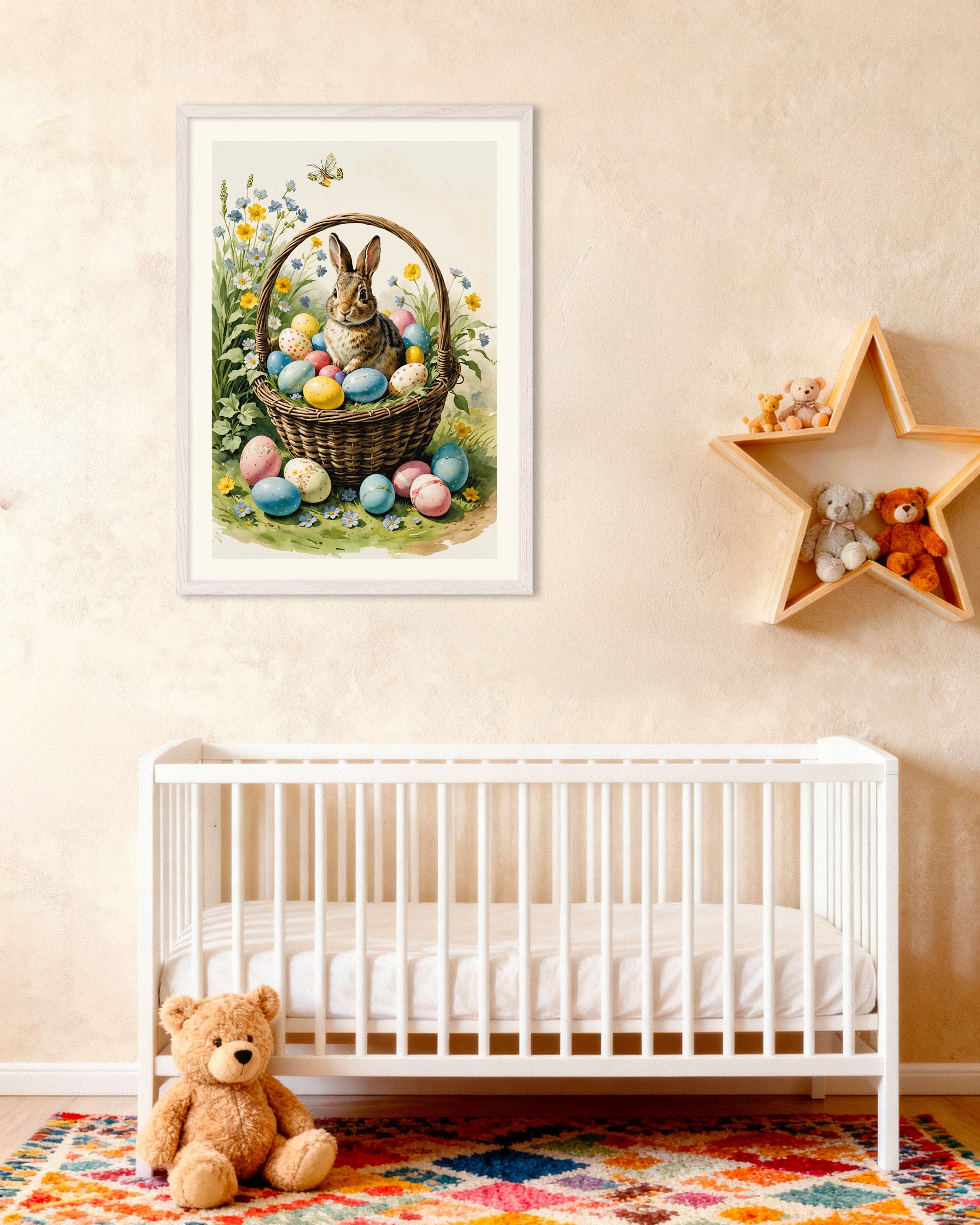 Poster of Easter eggs and rabbit in a basket, with white wooden frame