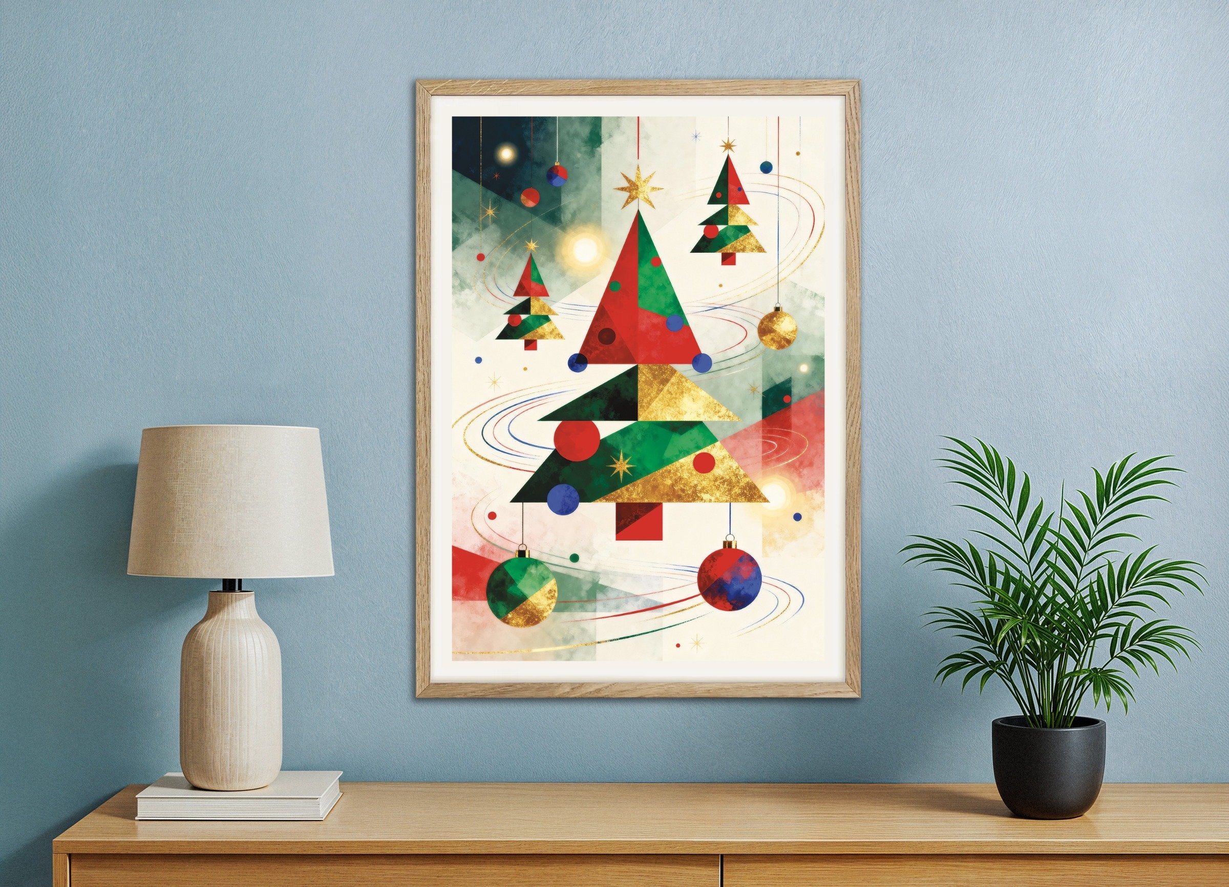Poster of Geometric Christmas trees poster, with natural wooden frame