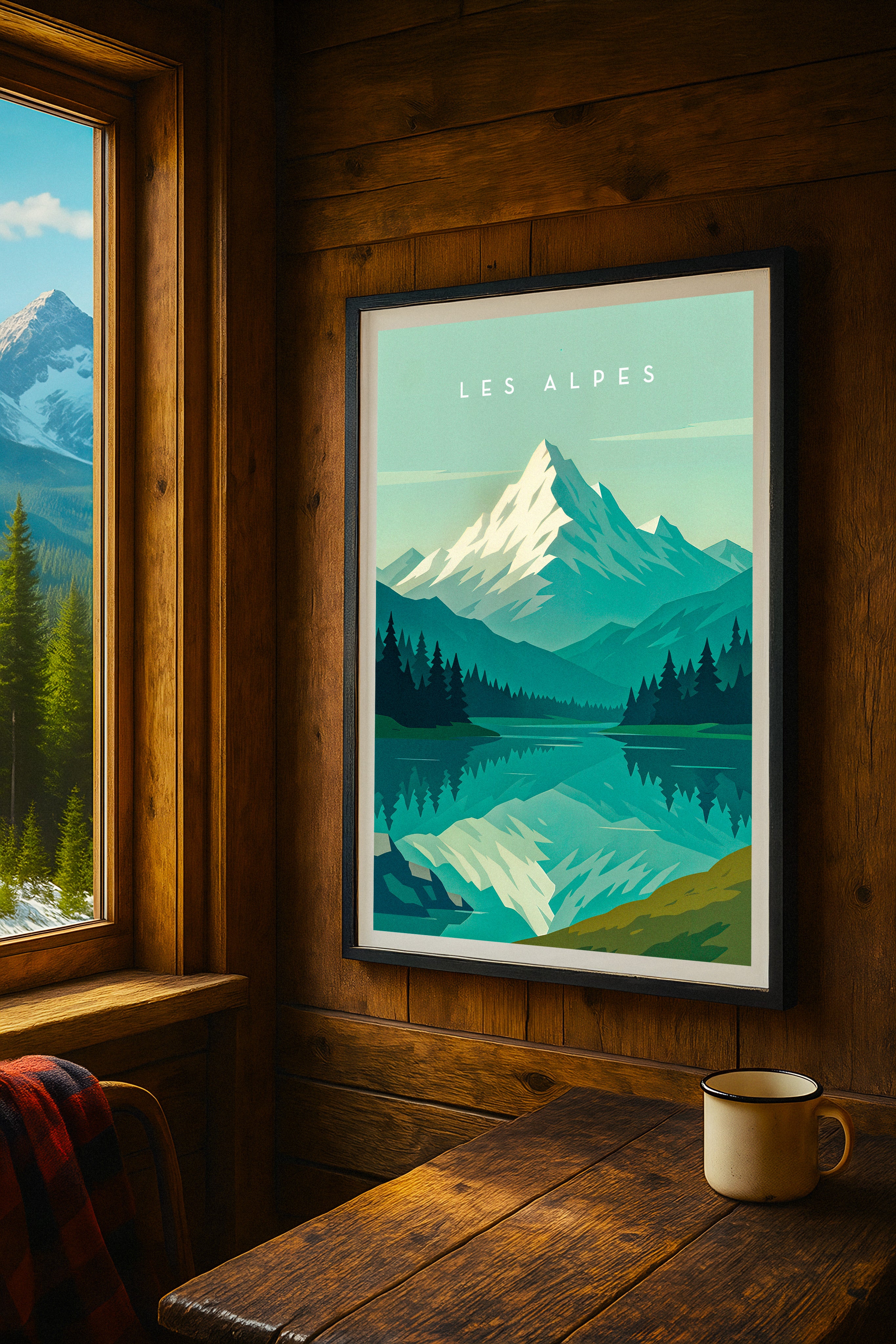 Framed poster of mountain landscape with 'Les Alpes' text in a wooden cabin setting.