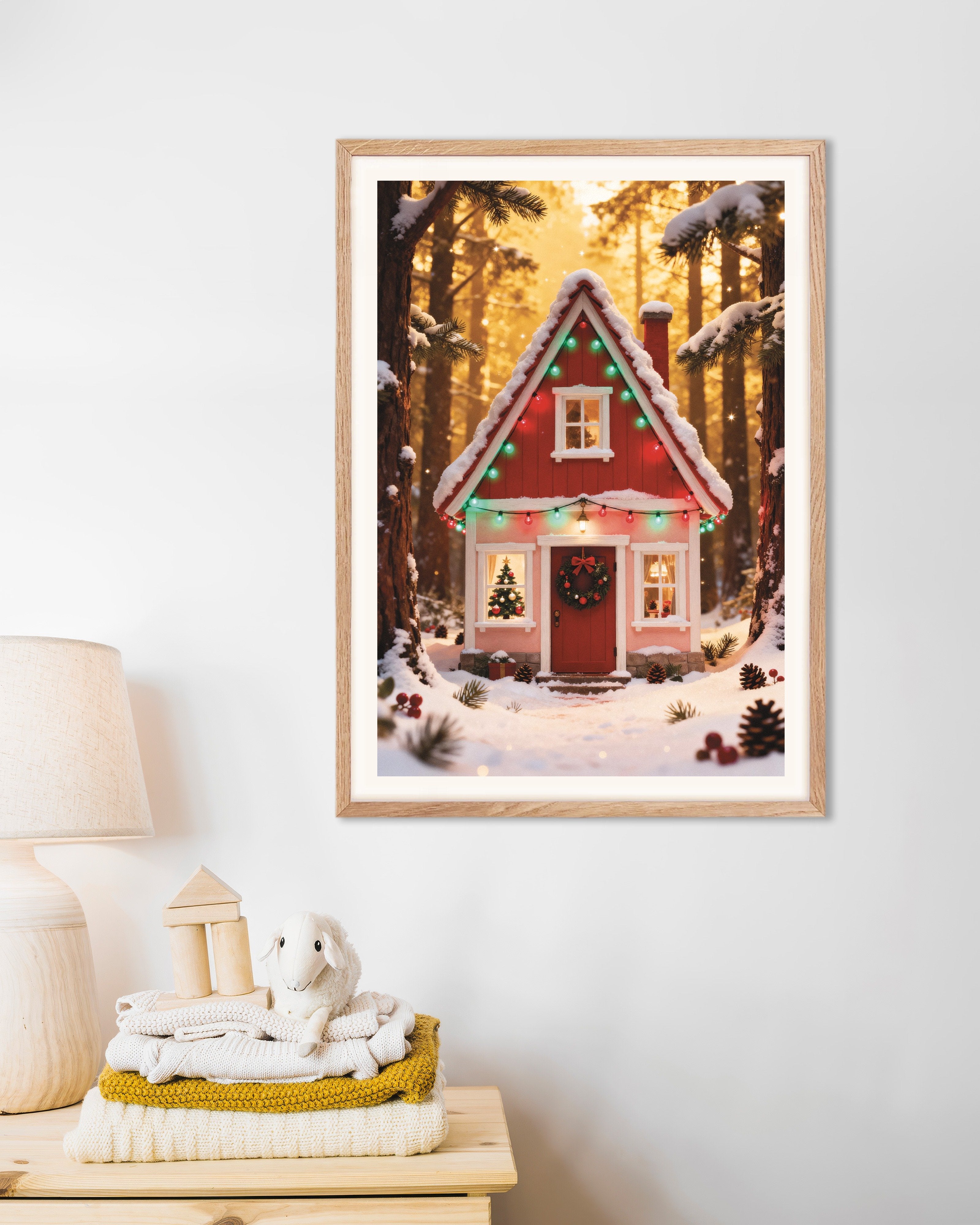 Poster of Little red elf house poster, with natural wooden frame