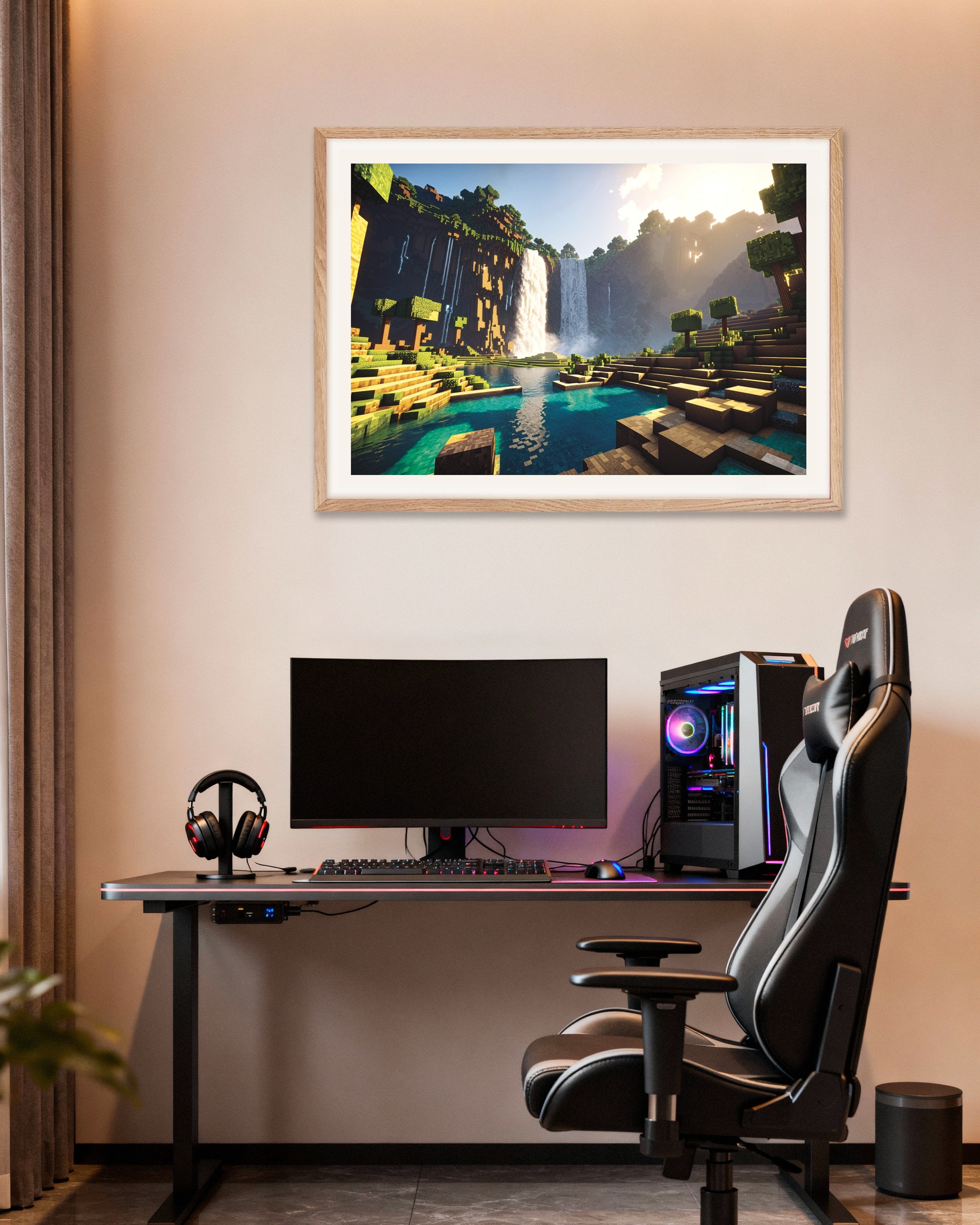 Poster of Minecraft waterfall landscape print, with natural wooden frame