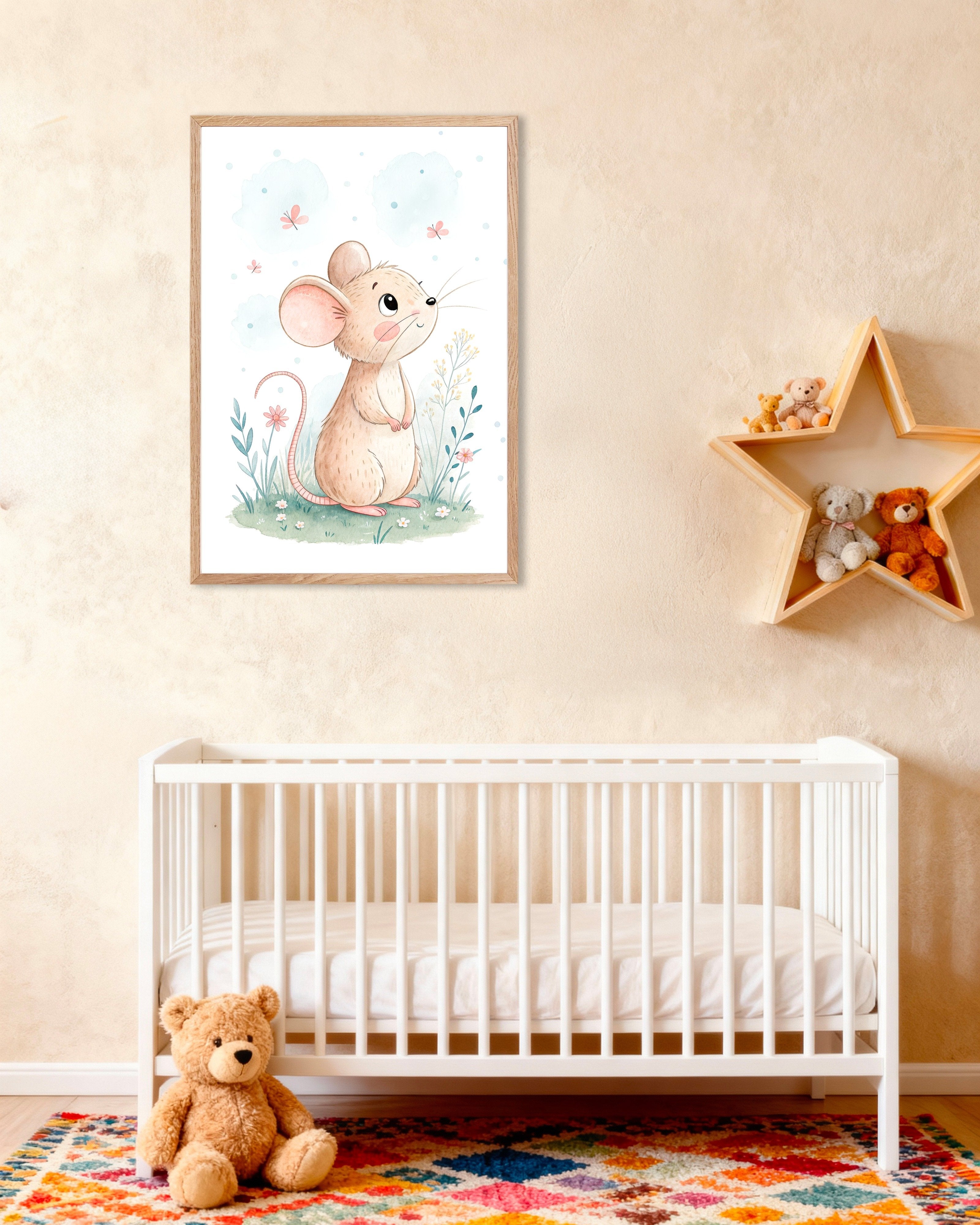Poster of Mouse Poster – Nursery Wall Art, with natural wooden frame