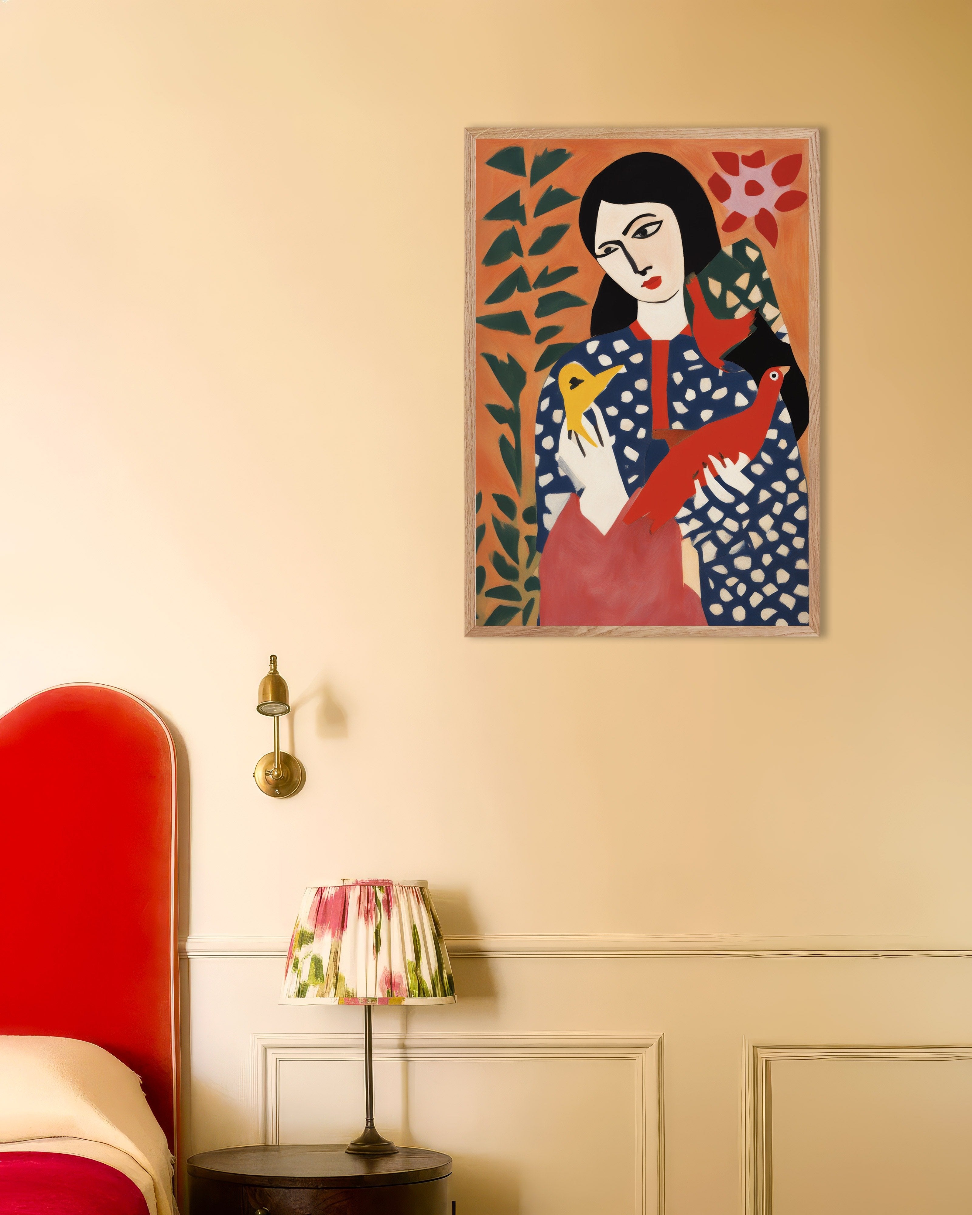 Poster of Natasha with birds art print, with natural wooden frame