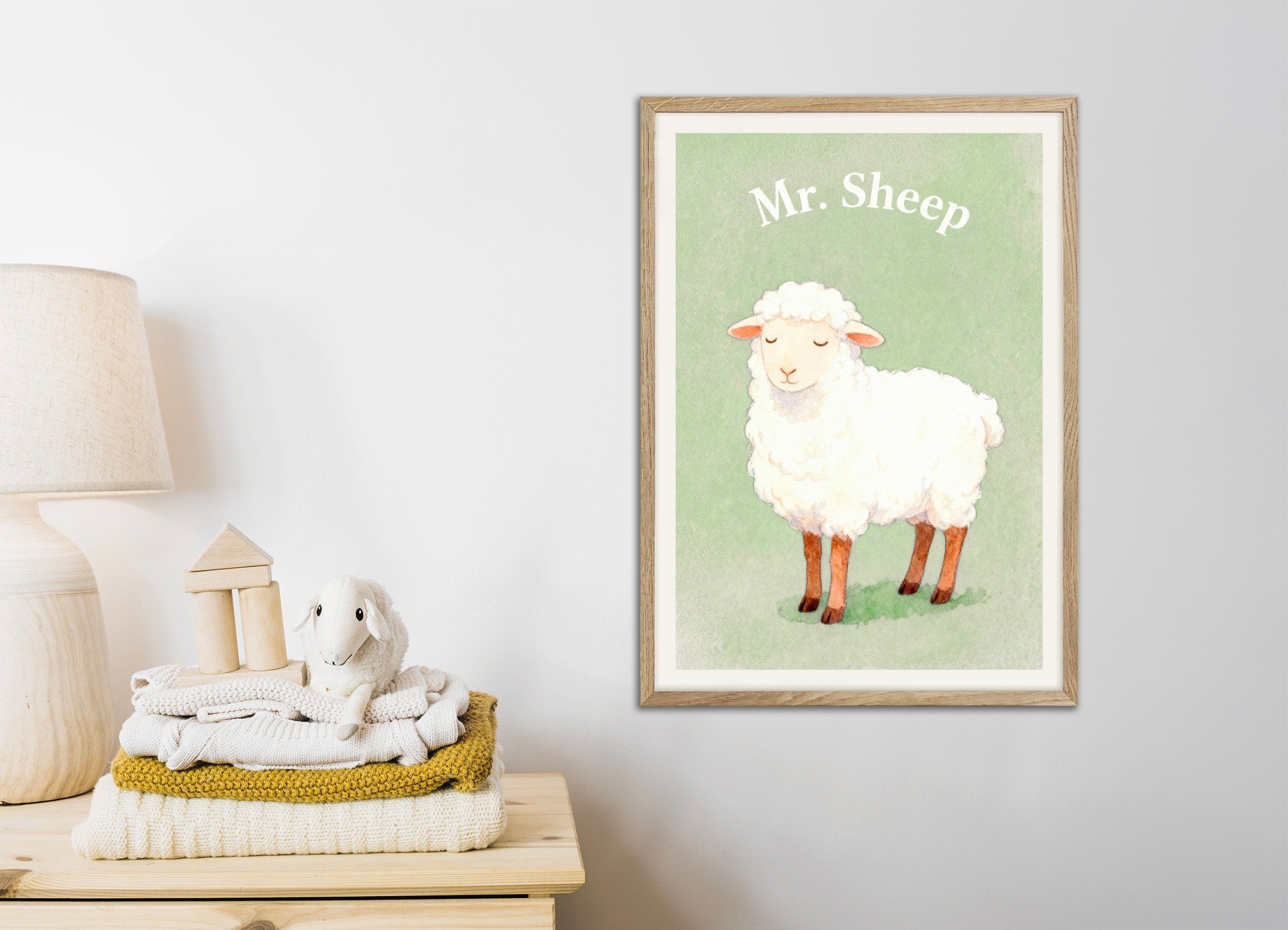 Poster of Nursery sheep wall art – Soft and fluffy farm animal, with natural wooden frame