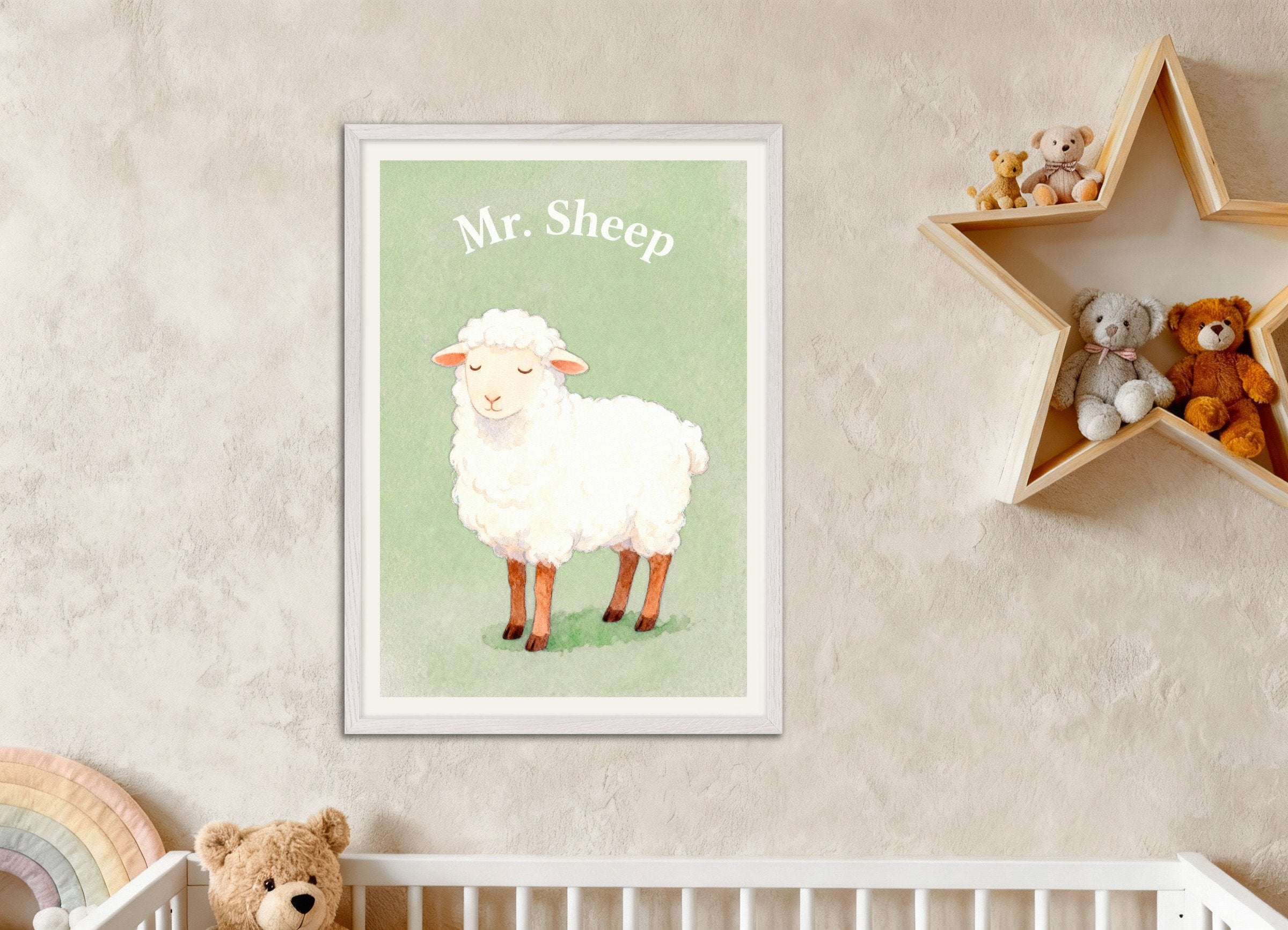 Poster of Nursery sheep wall art – Soft and fluffy farm animal, with white wooden frame