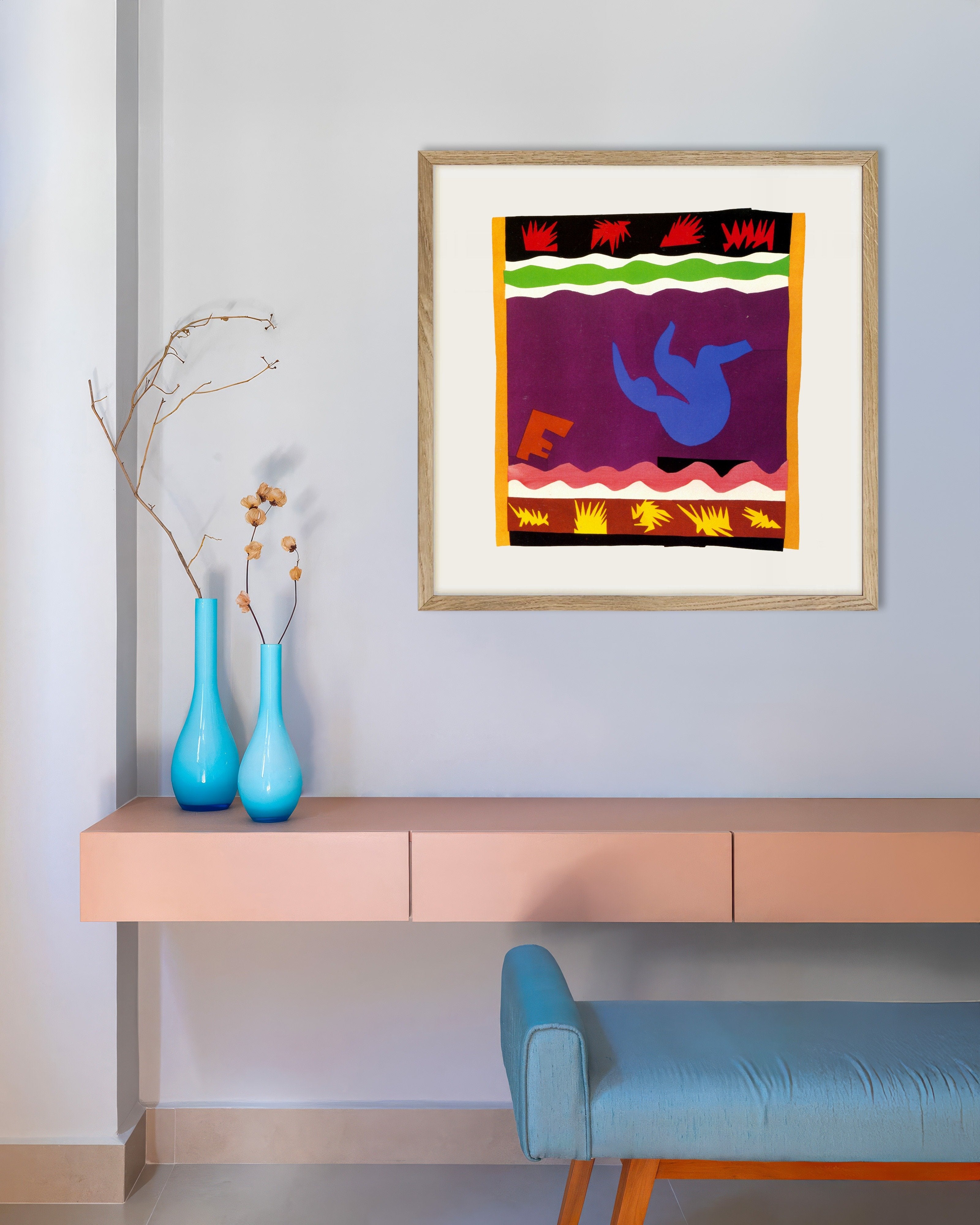 Poster of The Toboggan (from the Jazz series, 1943) by Henri Matisse, with natural wooden frame