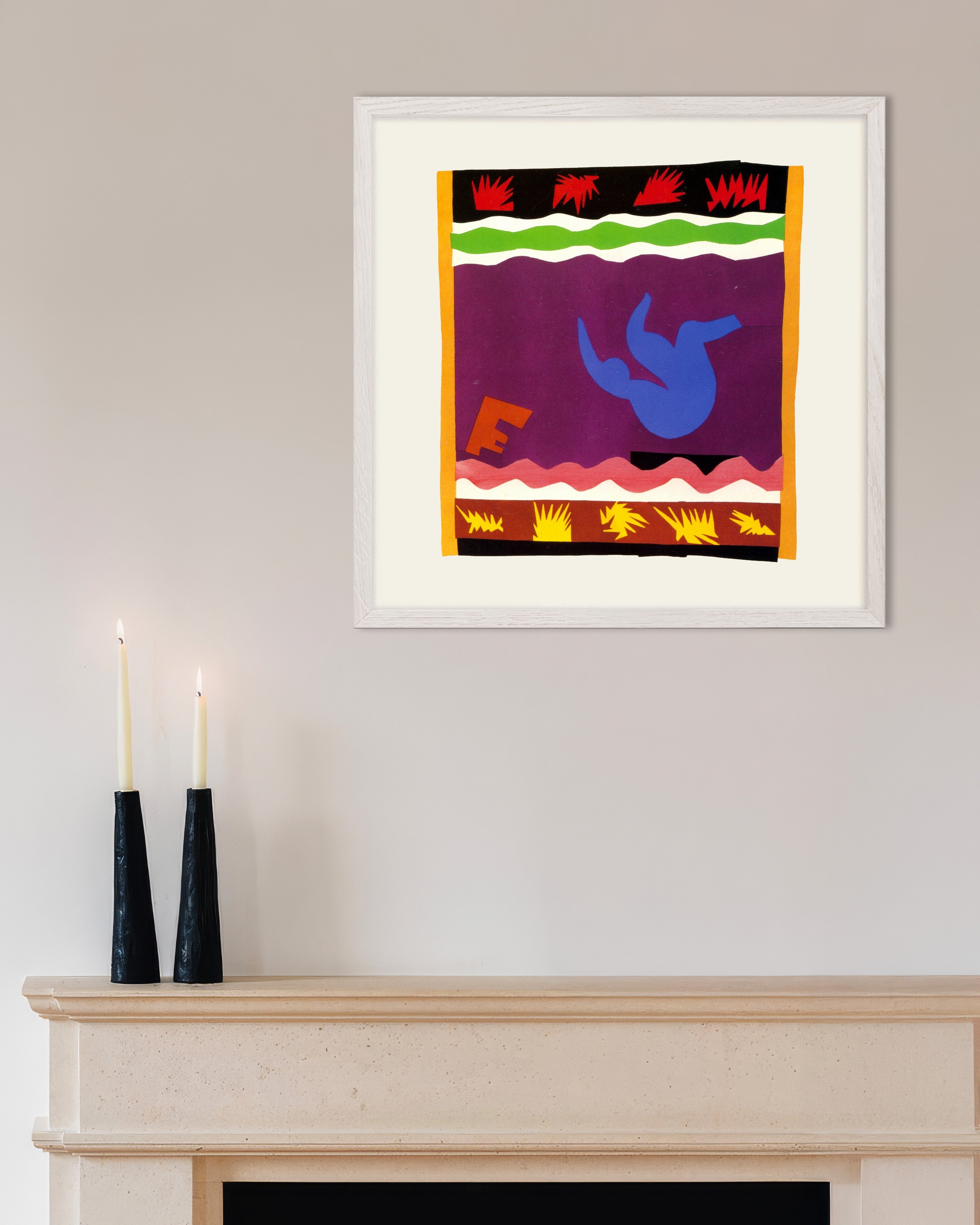 Poster of The Toboggan (from the Jazz series, 1943) by Henri Matisse, with white wooden frame