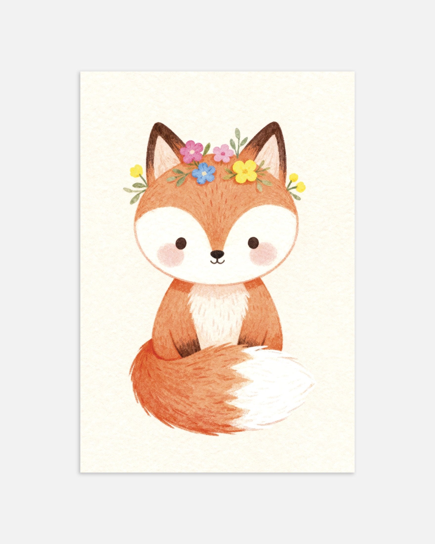 Illustration of a fox with flowers on its head against a light background