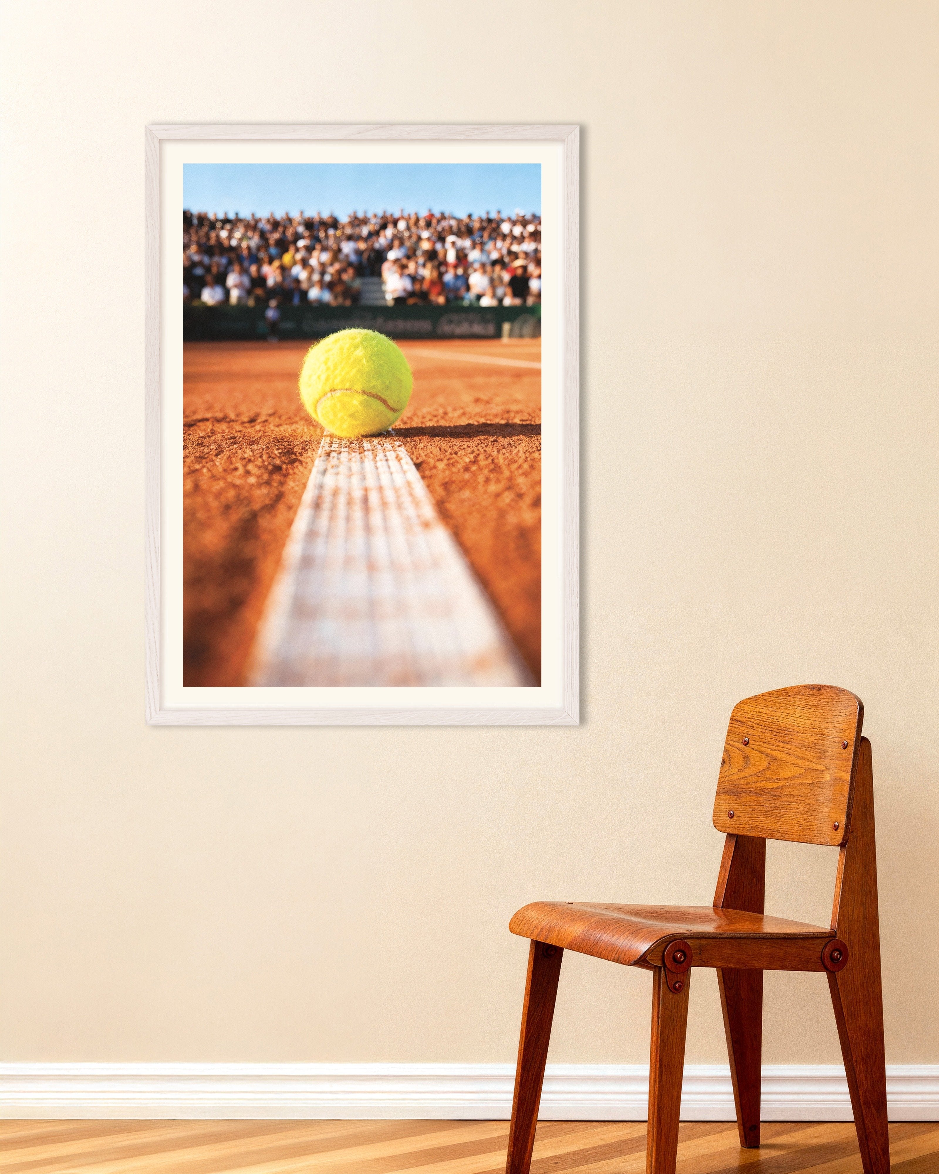 Poster of Clay court tennis poster – Close-up ball photography print, with white wooden frame