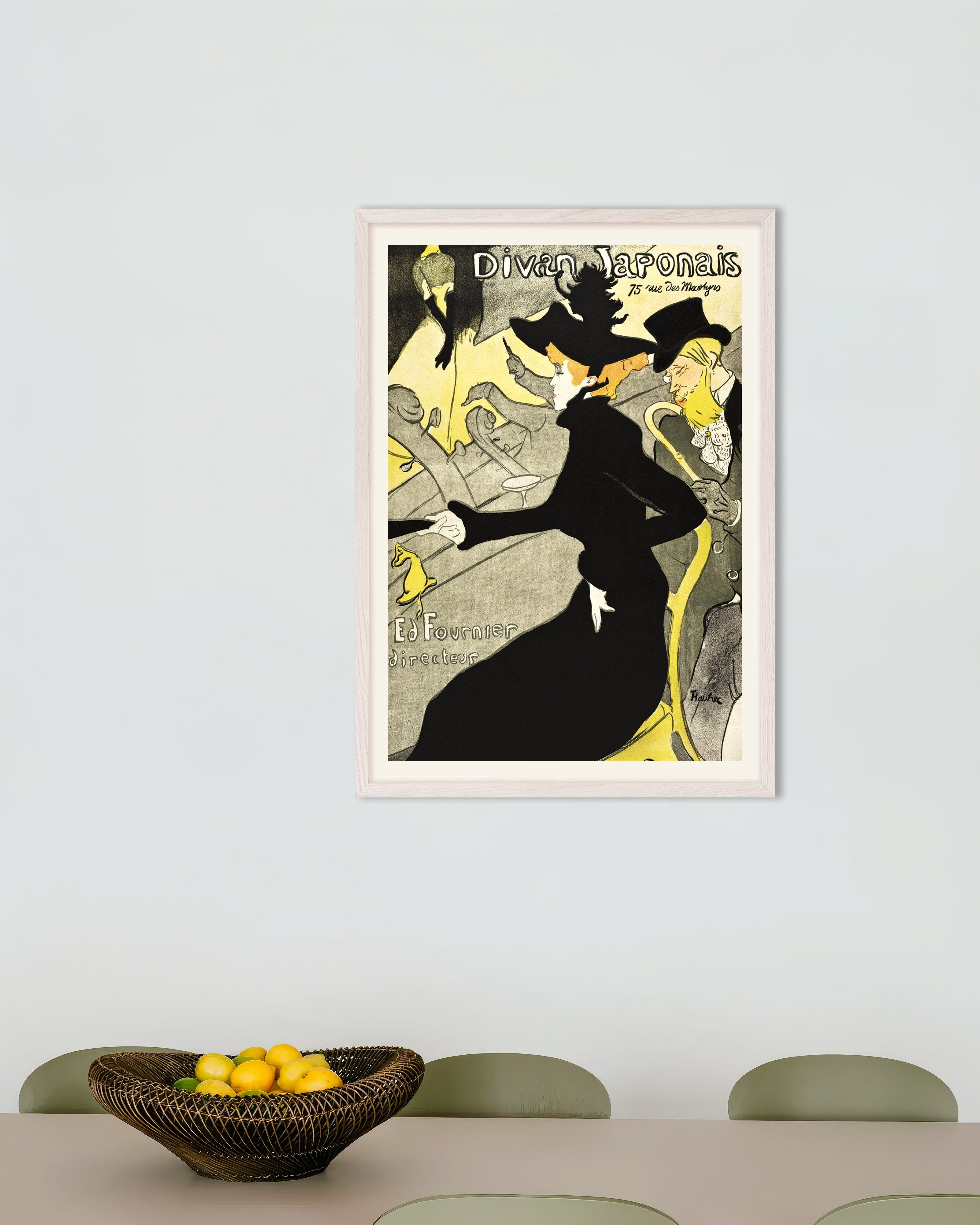 Poster of Divan Japonais (ca. 1892–1893) by Henri de Toulouse-Lautrec, with white wooden frame