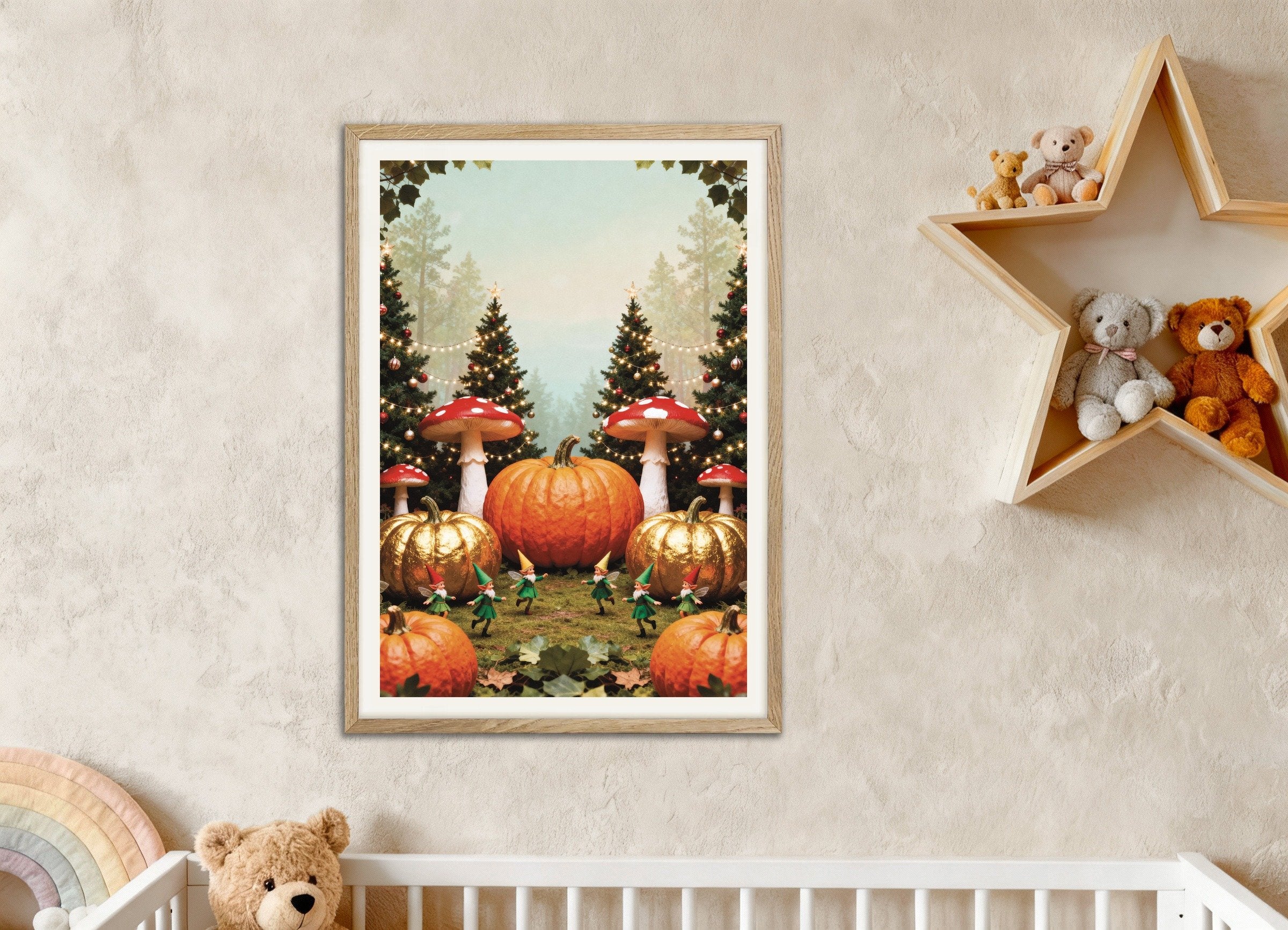 Poster of Fairy forest with pumpkins poster, with natural wooden frame