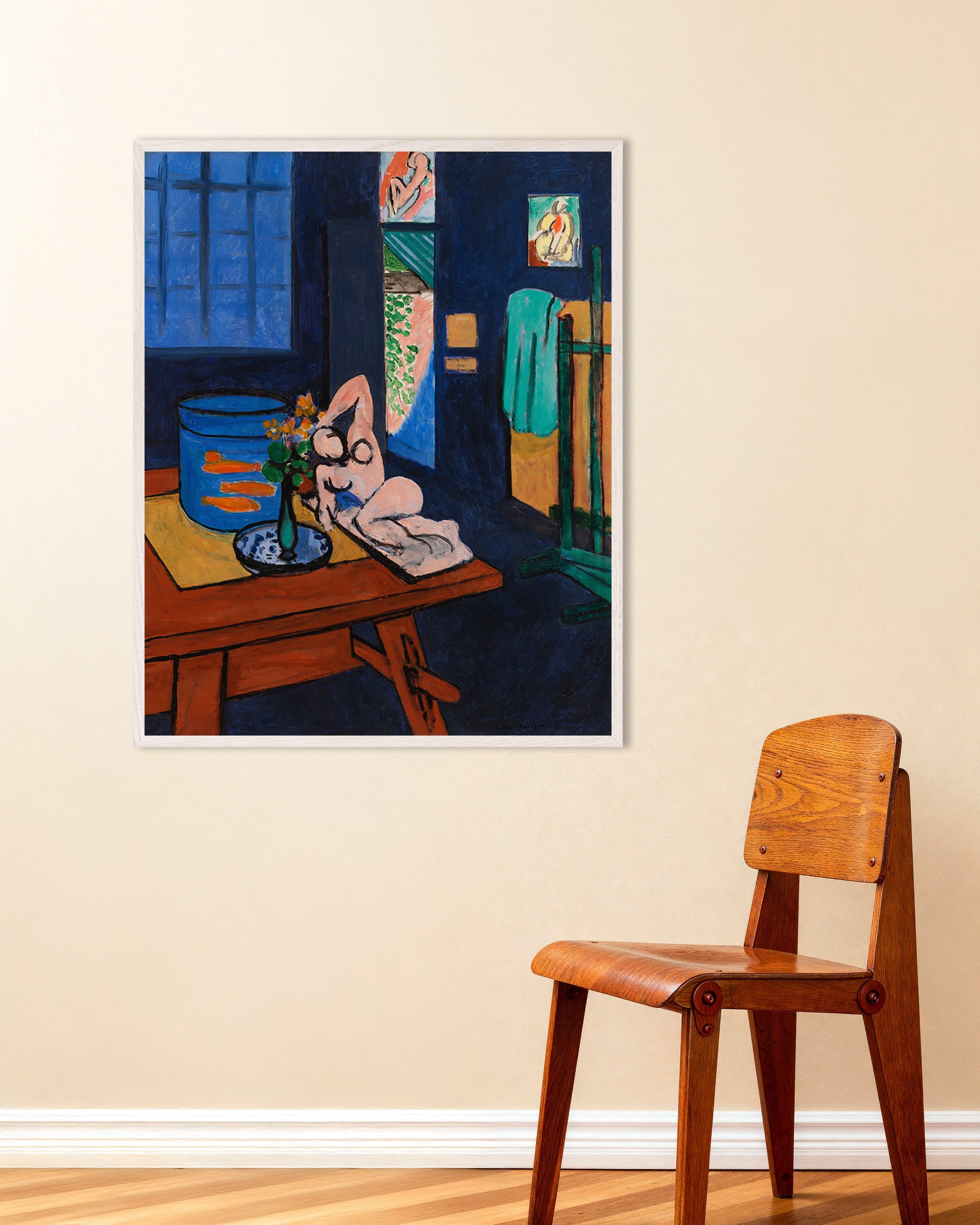 Poster of Goldfish and sculpture (1911) by Henri Matisse, with white wooden frame