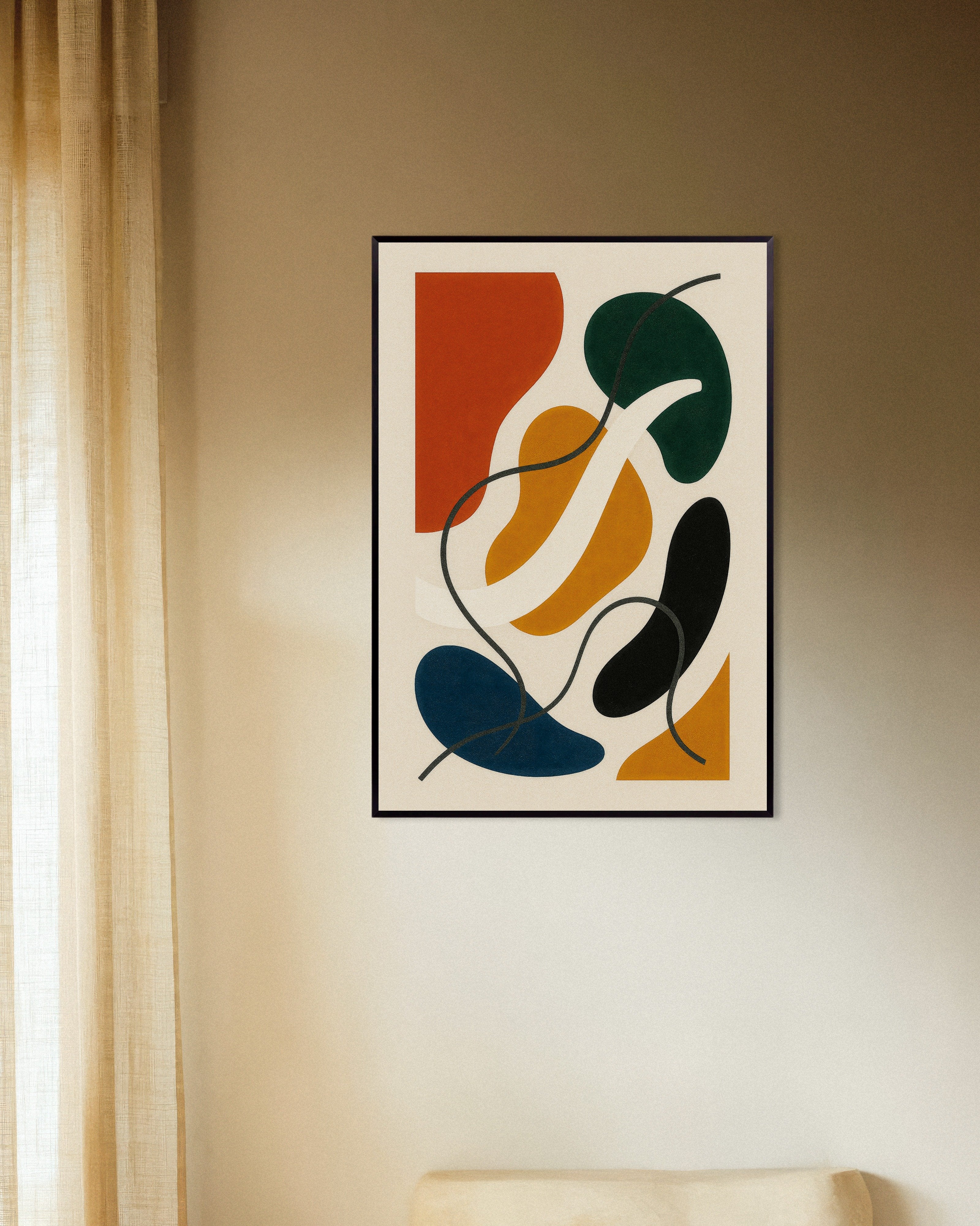 Poster of Inflections 02 – colorful abstract poster with organic shapes, with metal frame