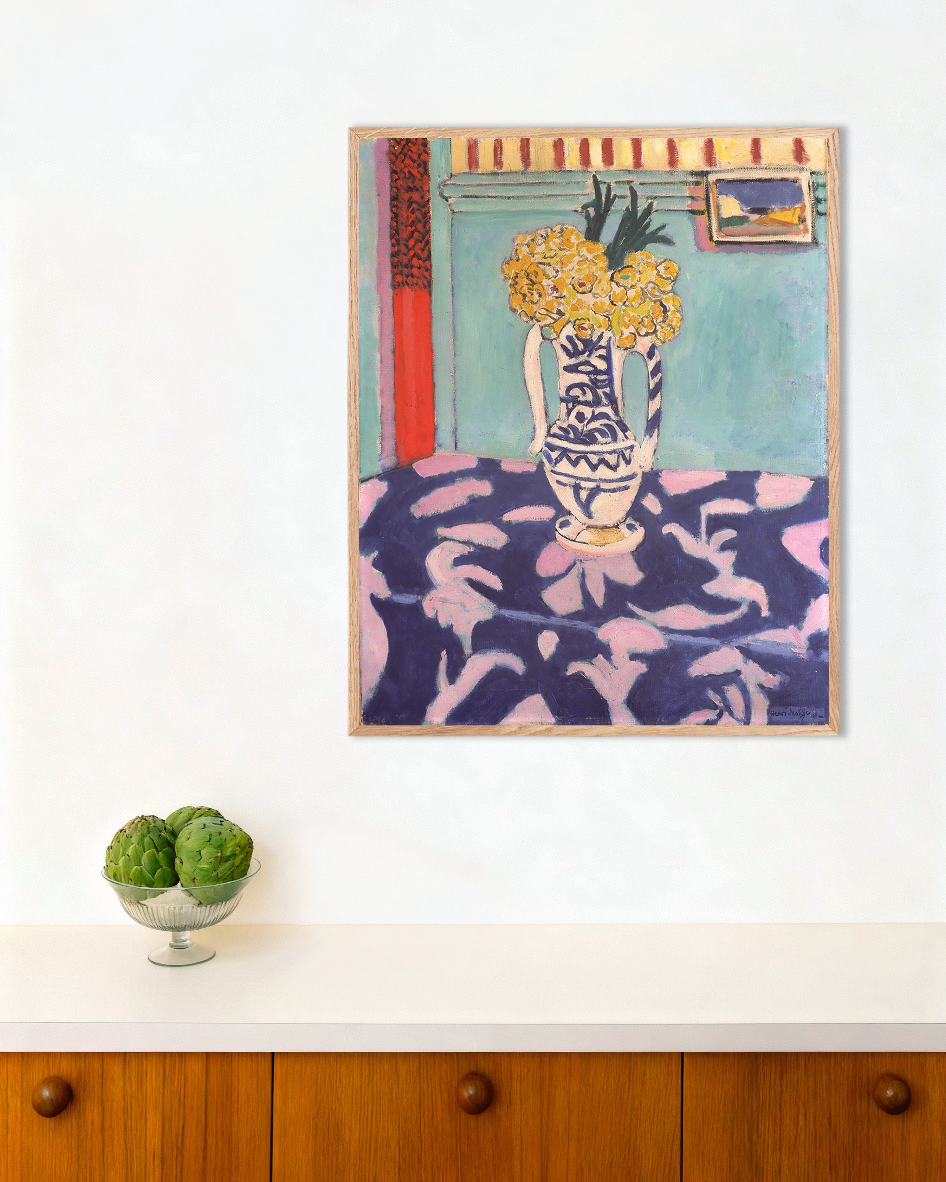 Poster of Les coucous, tapis bleu et rose (1911) by Henri Matisse, with natural wooden frame
