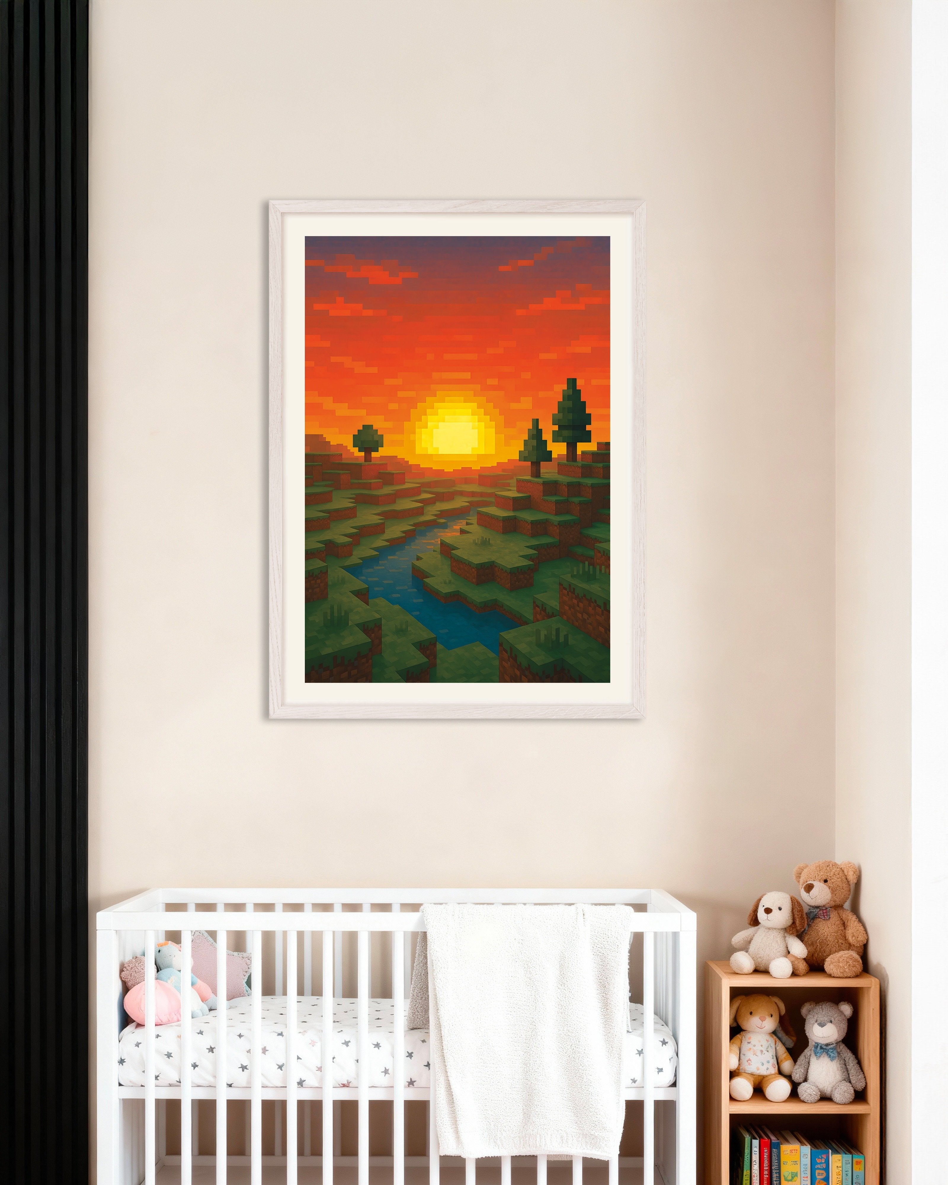 Poster of Minecraft Sunset – pixel art fan poster with river and trees, with white wooden frame