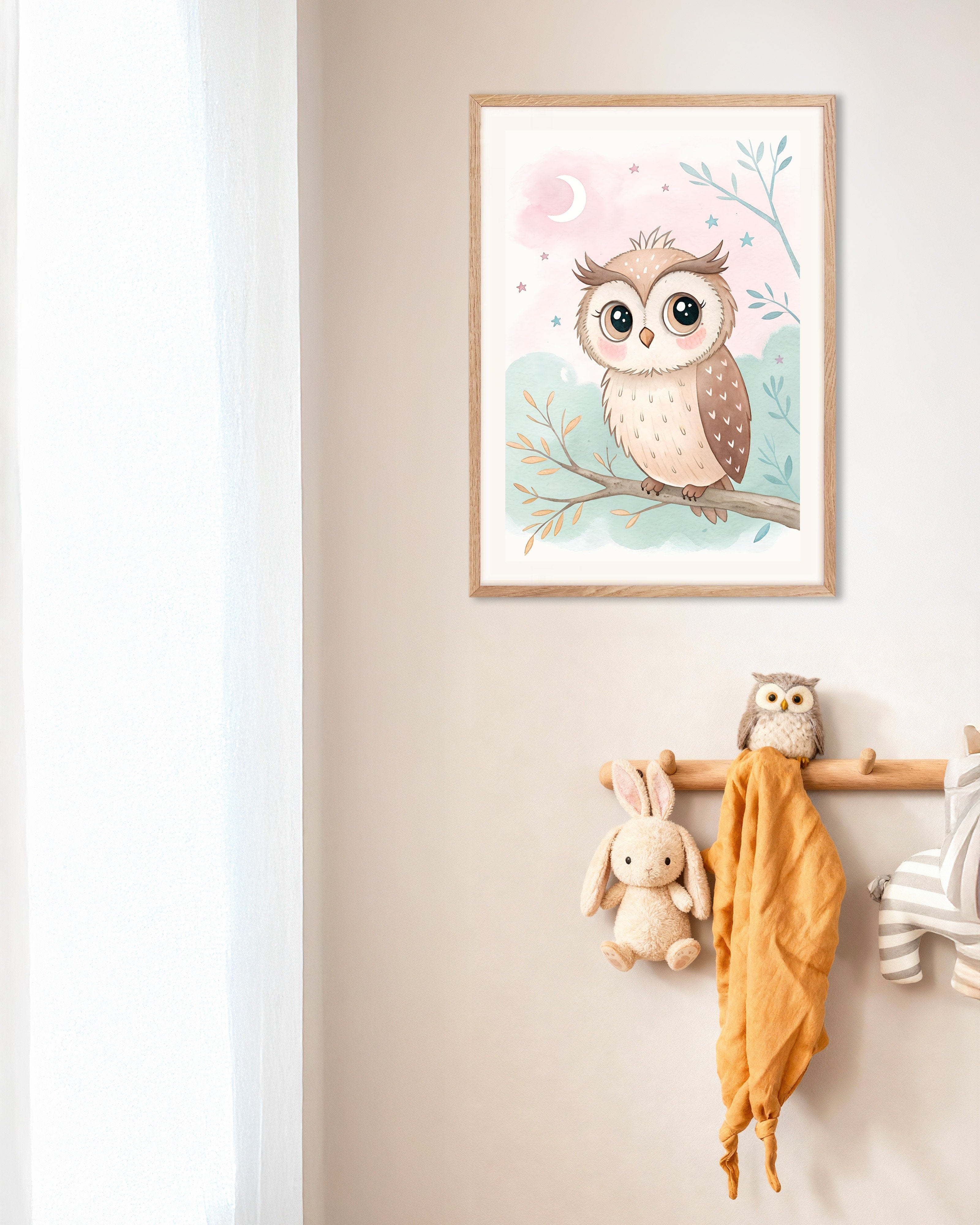 Poster of Owl Poster – Nursery Wall Art, with natural wooden frame
