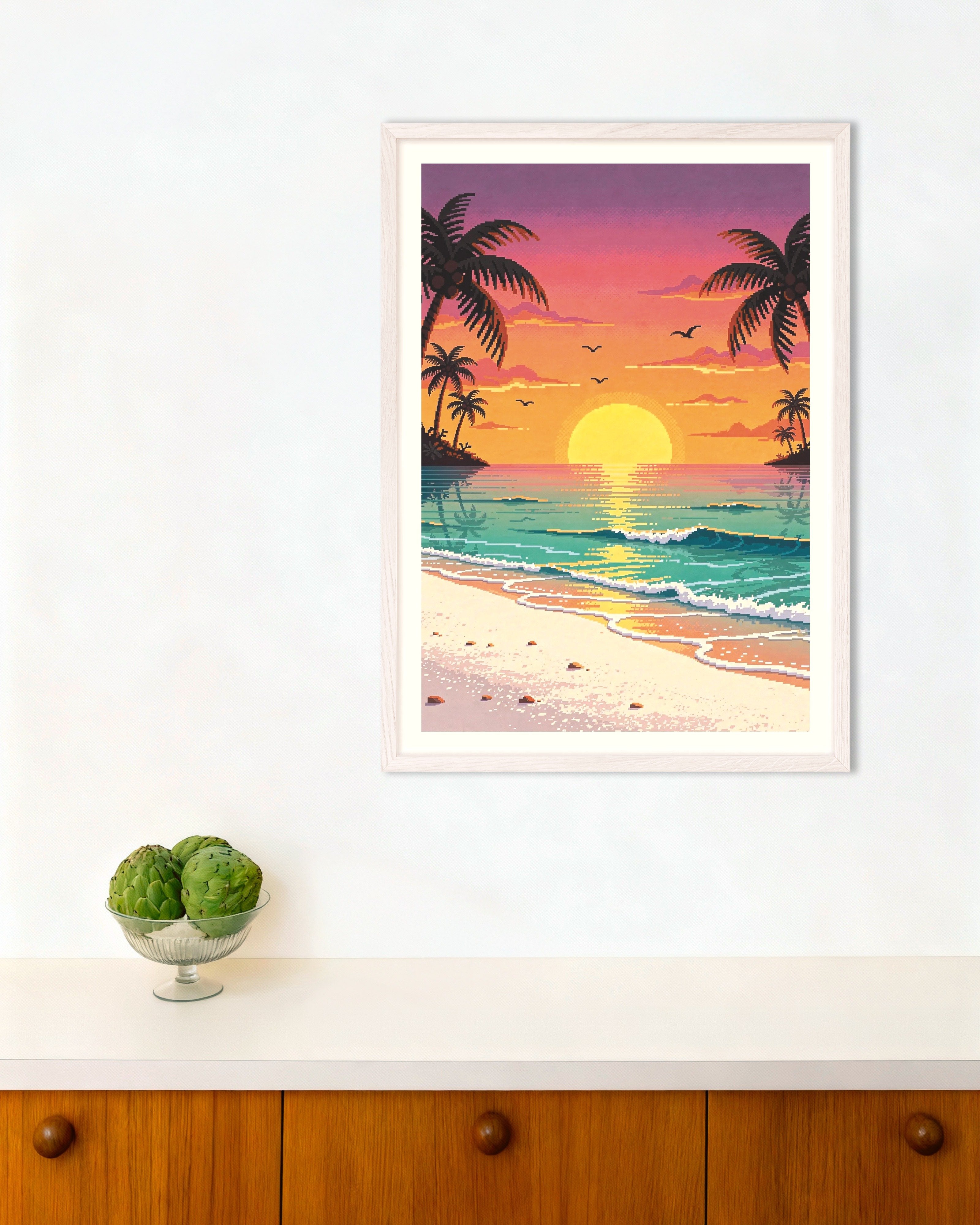 Poster of Pixel Art Beach Sunset with Palms, with white wooden frame