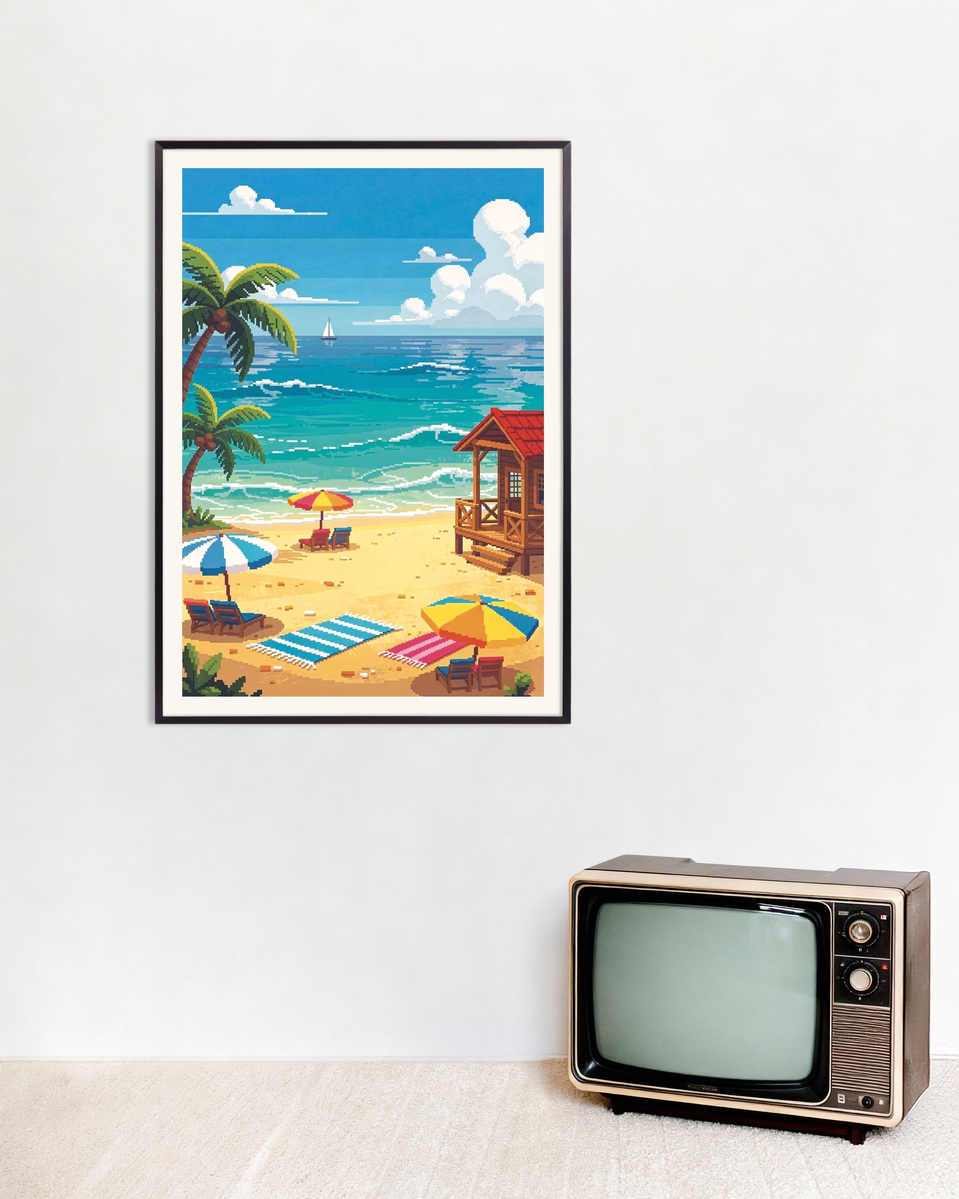 Poster of Pixel Beach Day with Palms and Beach Cabin, with metal frame