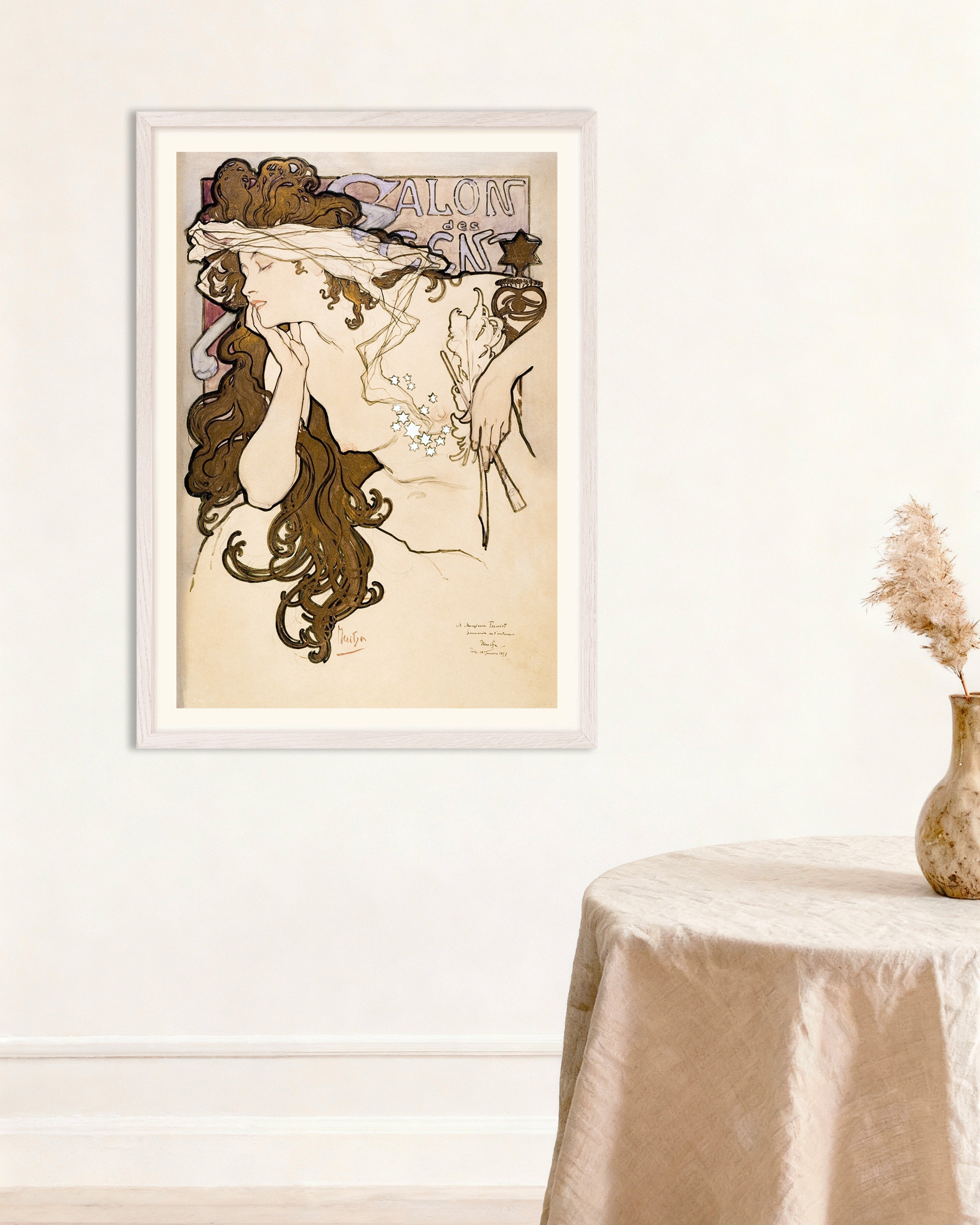 Poster of Salon of the Hundred poster (1896) by Alfons Mucha, with white wooden frame