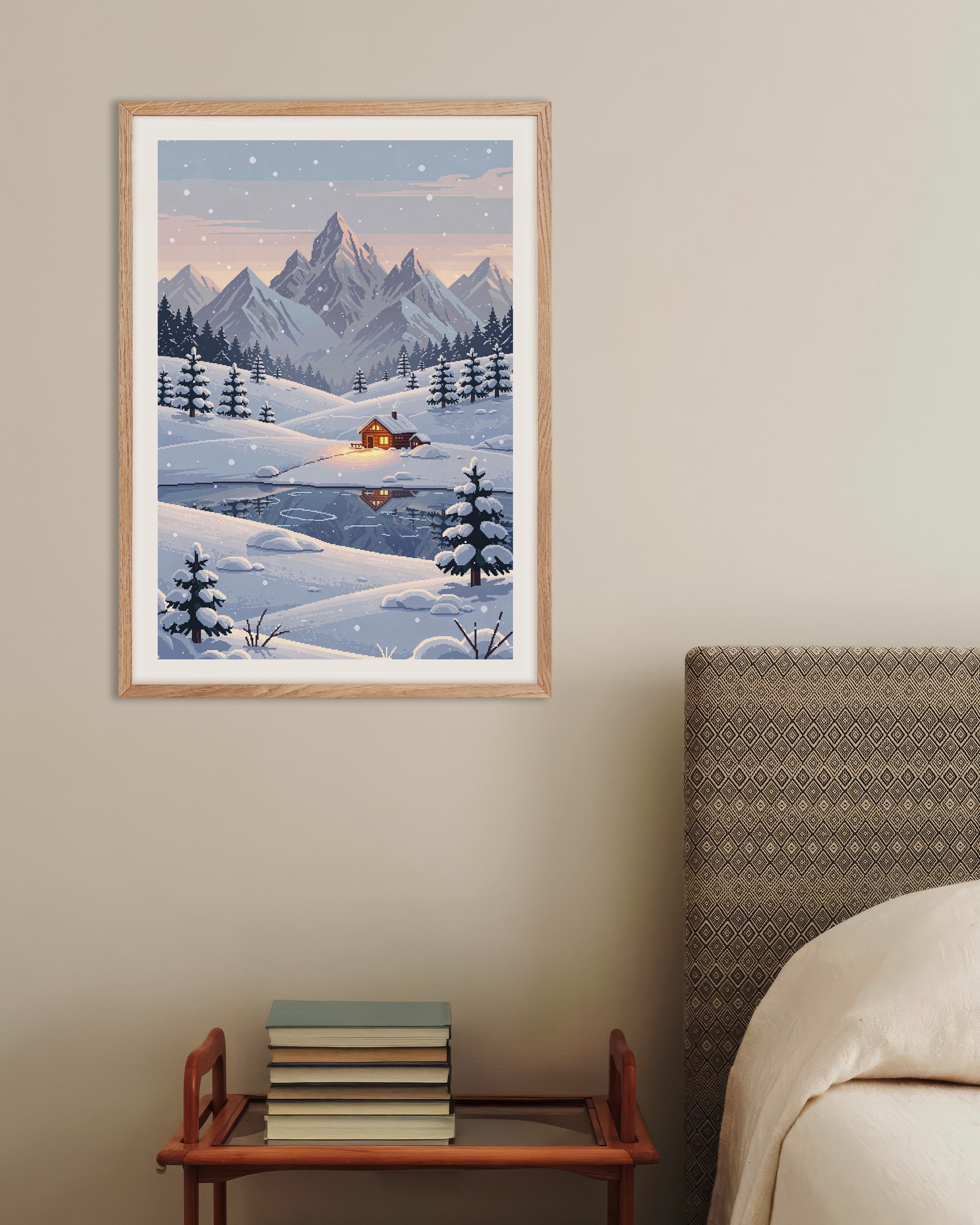 Poster of Snowy Mountain Cabin - Pixel Art Poster, with natural wooden frame