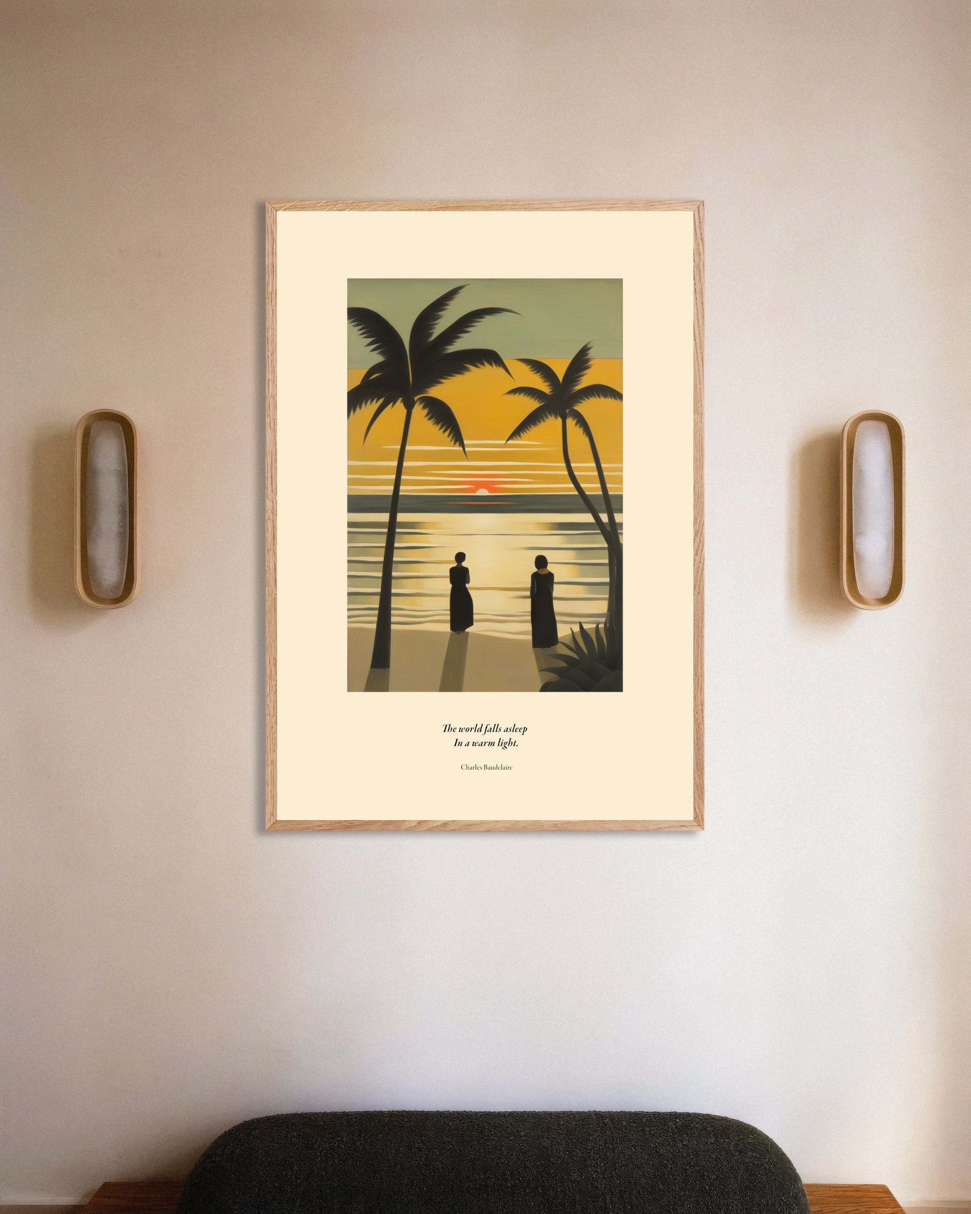 Poster of The world falls asleep in a warm light, Baudelaire, with natural wooden frame