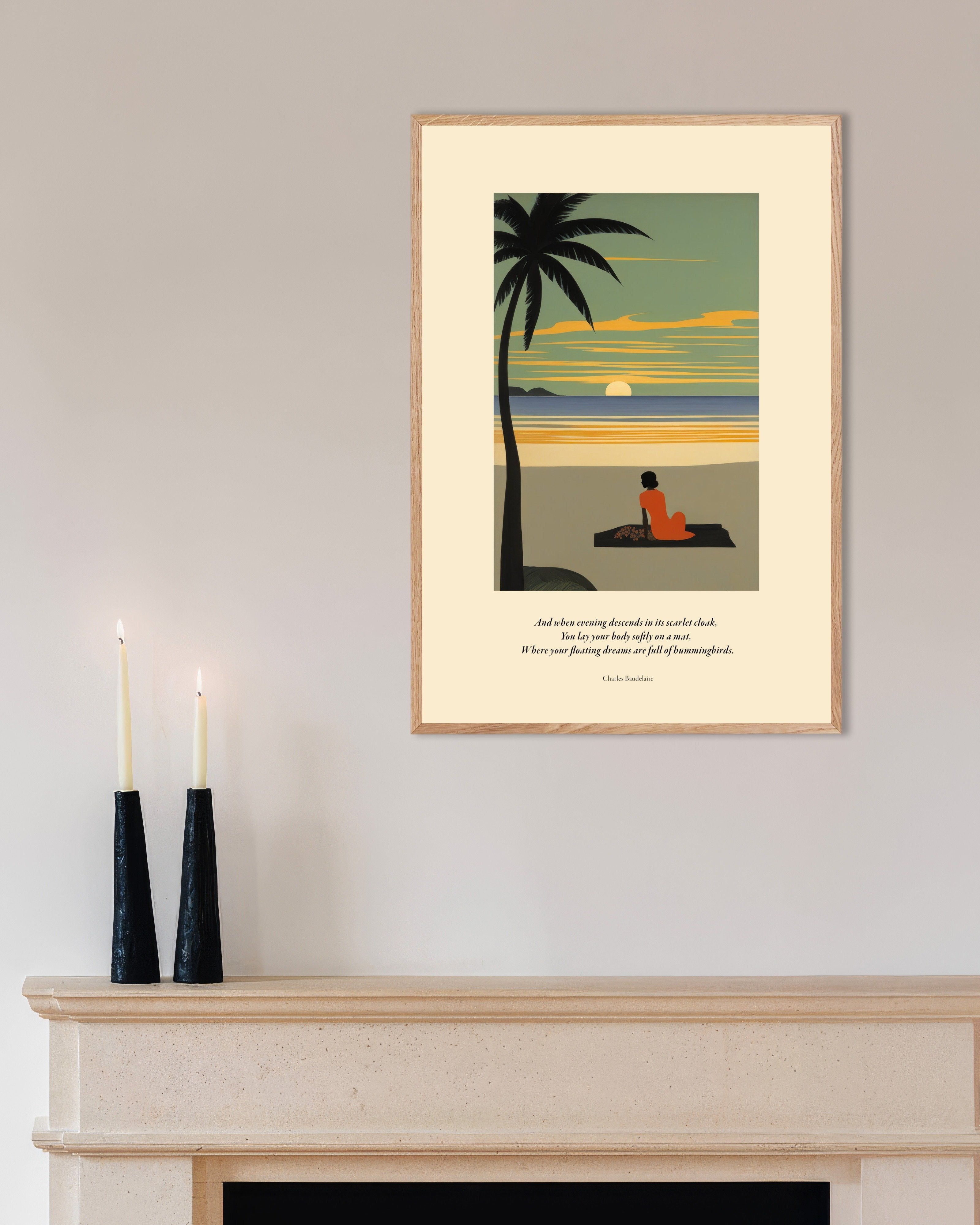 Poster of When evening descends in its scarlet cloak, Baudelaire, with natural wooden frame