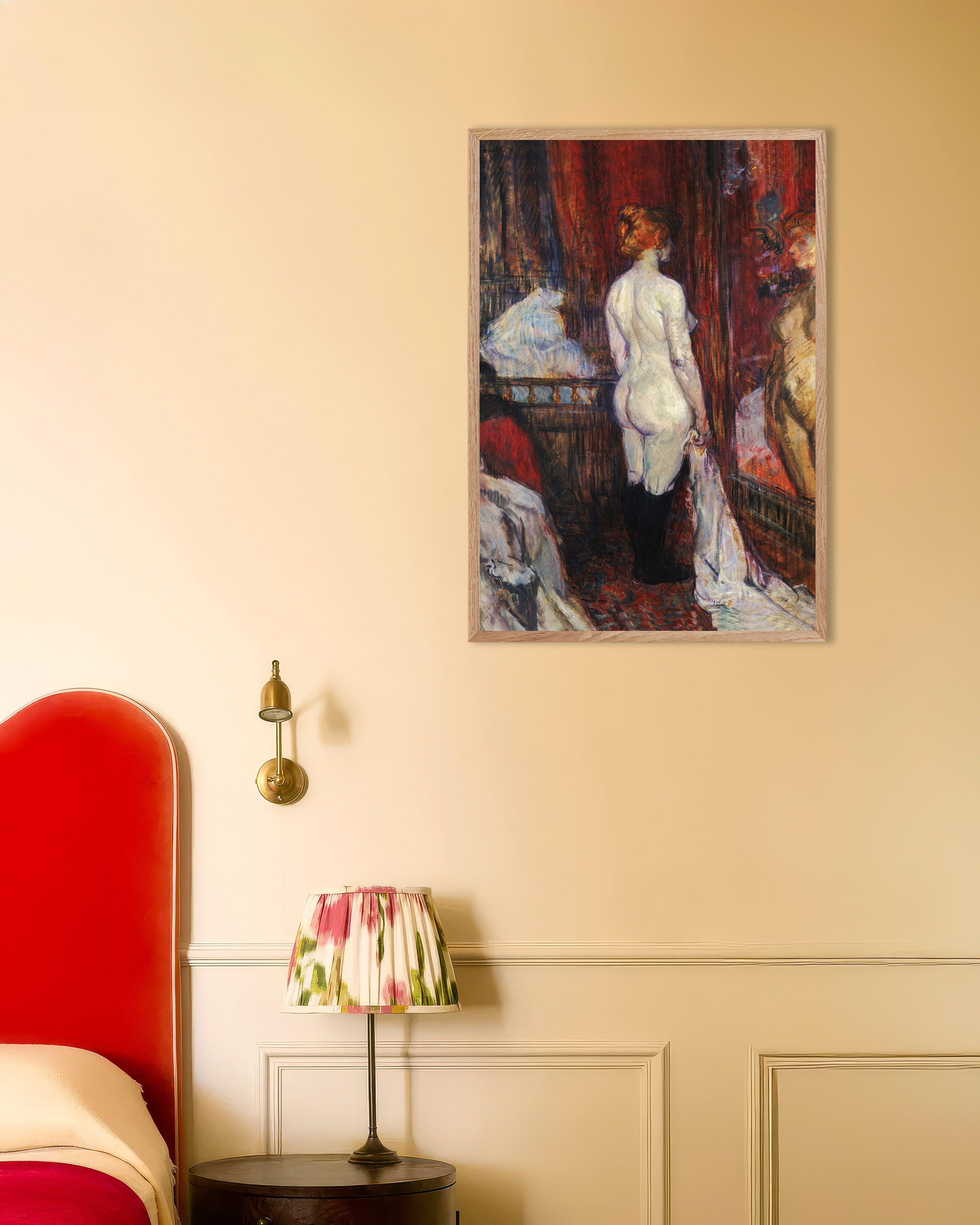 Poster of Woman before a mirror (1897) by Henri de Toulouse-Lautrec, with natural wooden frame